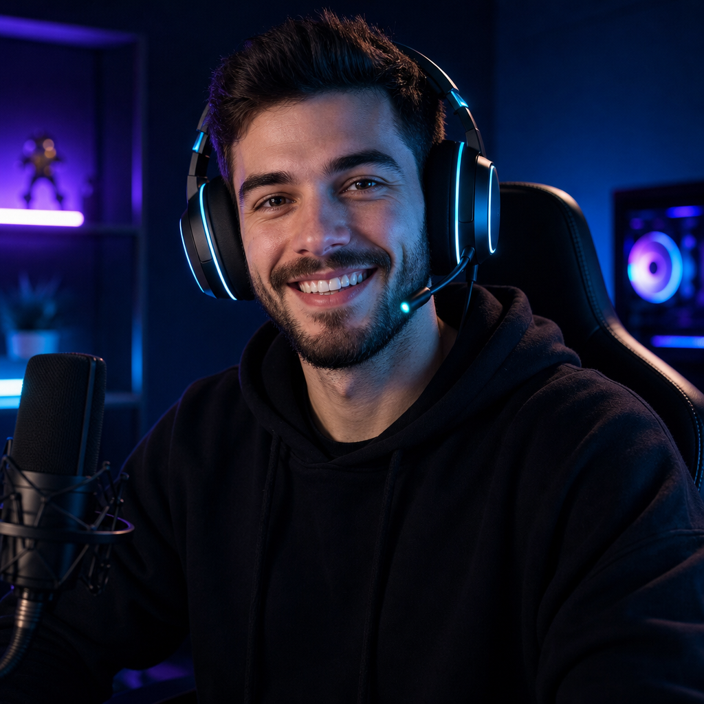 Portrait of a smiling male streamer with short hair, wearing a cyan-lit gaming headset in a dark studio