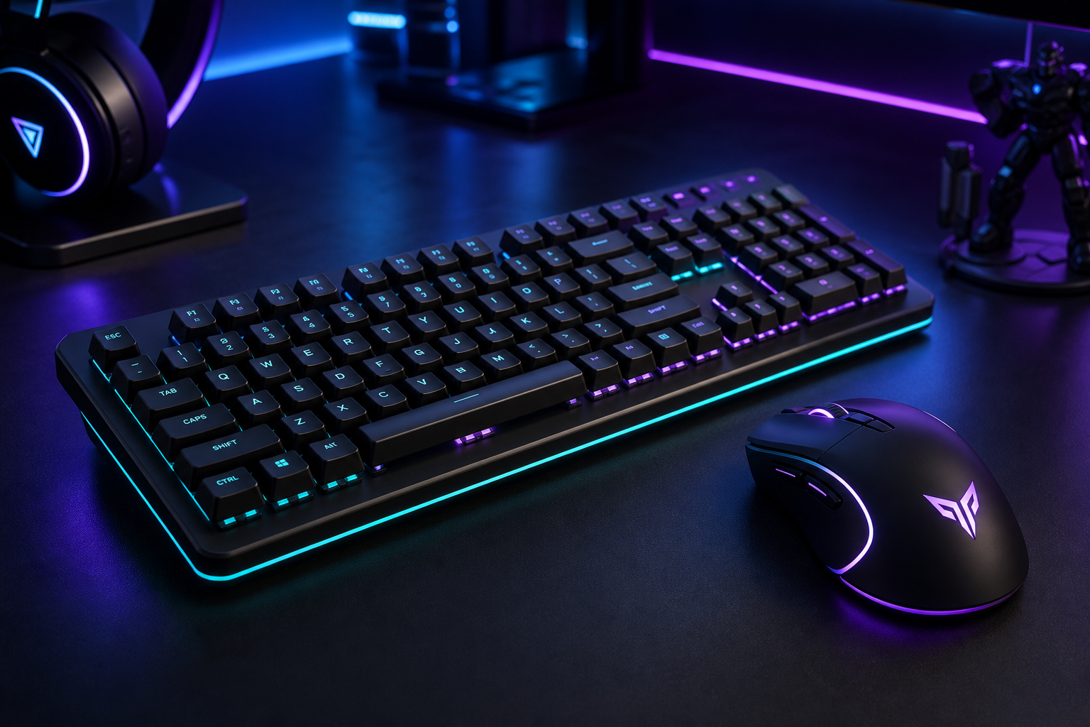 Sleek black gaming keyboard and mouse set on a neon-lit desk with cyan and purple glow