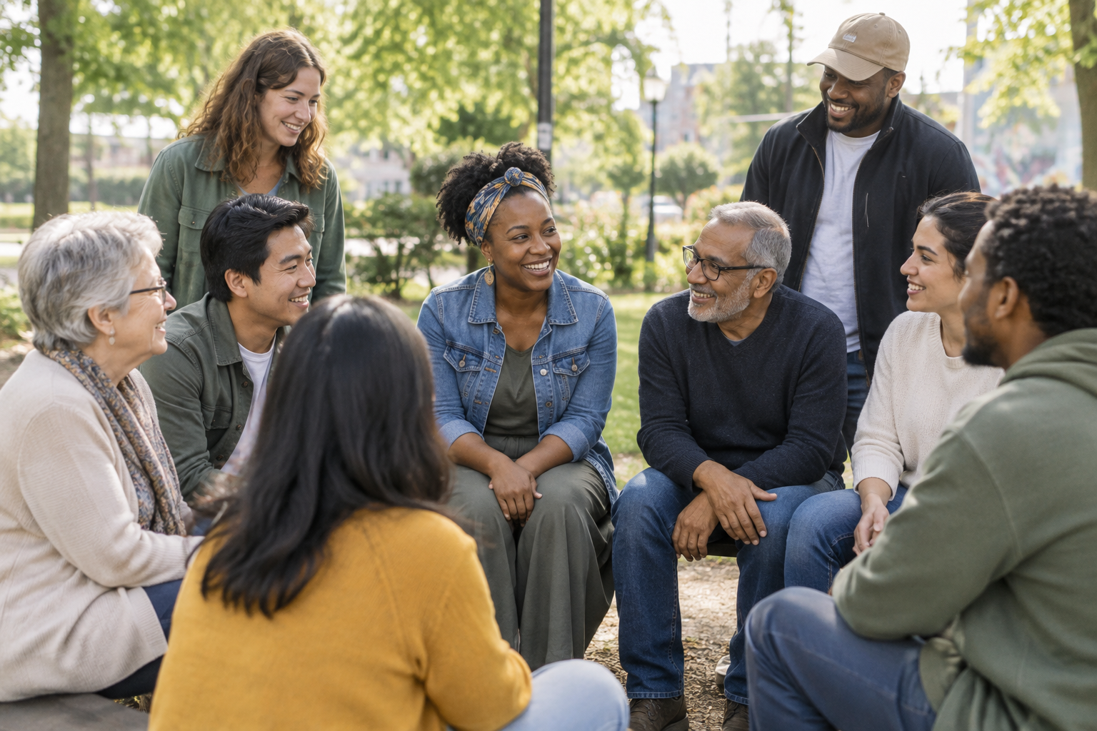 Inclusive local community members in warm conversation during an outdoor gathering