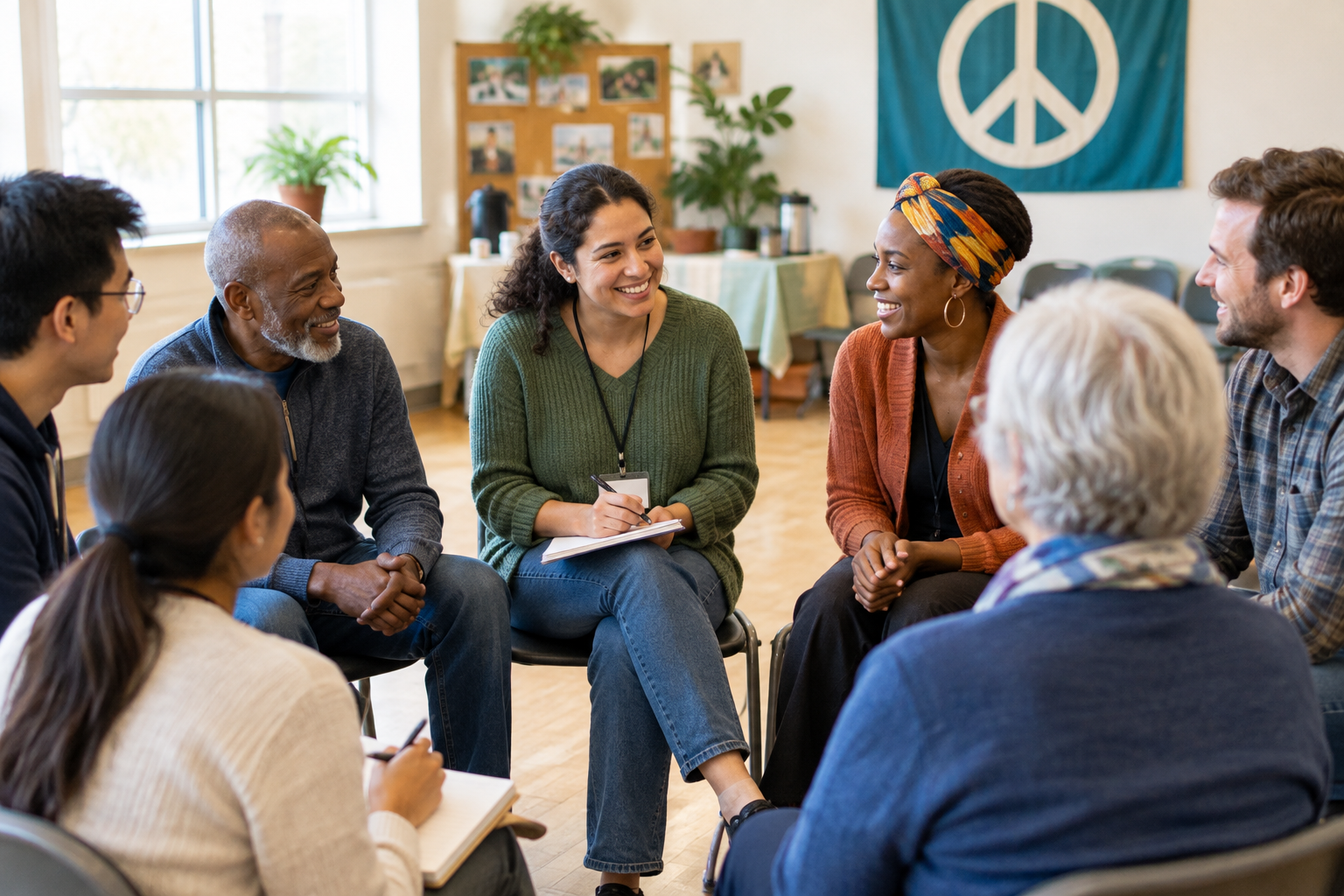 Diverse local community members in a circle discussion and collaborative activity during a peace-building event