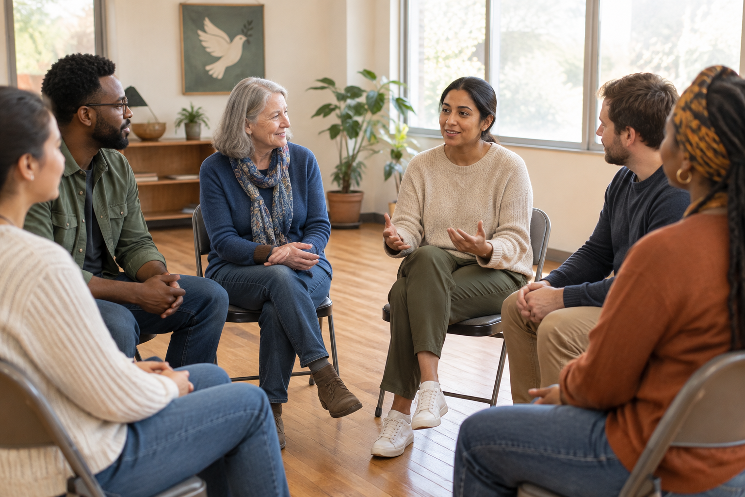Small local group in a calm community room talking together in a welcoming peace circle