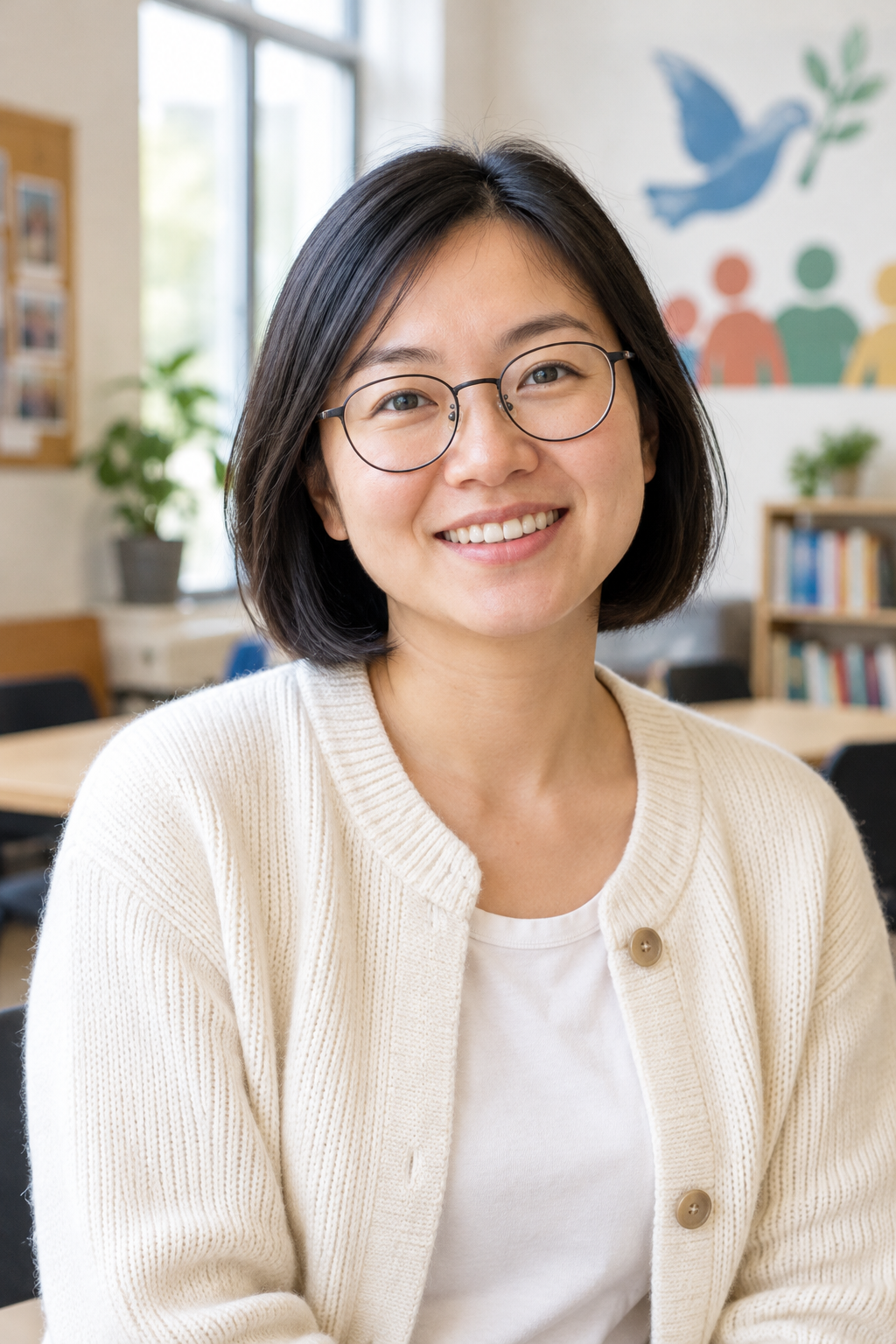 Portrait of Lin Tran, an East Asian woman in her early 30s with short black hair and round glasses, wearing a cream cardigan and smiling in a community center