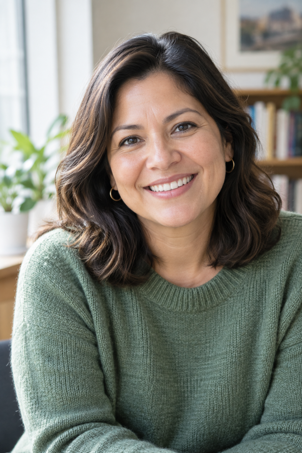 Portrait of Ava Morales, a Latina woman in her early 40s with shoulder-length dark brown hair and a warm smile, wearing a soft green sweater in natural daylight