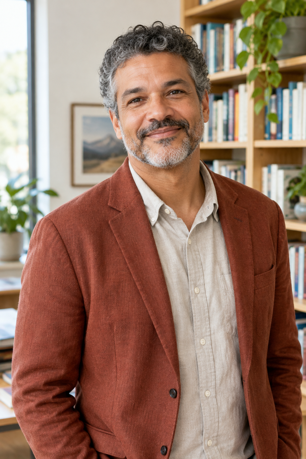 Portrait of Mateo Silva, a light-brown-skinned man in his early 50s with salt-and-pepper curly hair, wearing a rust blazer and smiling warmly near bookshelves