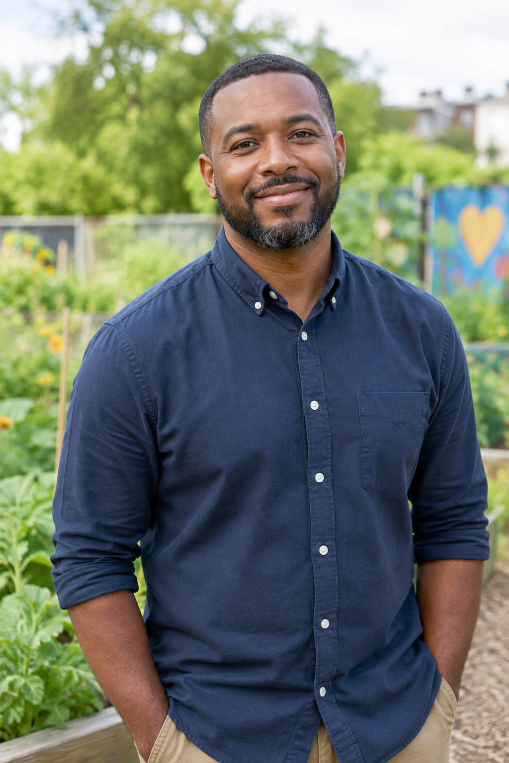 Portrait of Jamal Reed, a Black man in his late 30s with close-cropped hair and a trimmed beard, wearing a navy button-up shirt and smiling outdoors