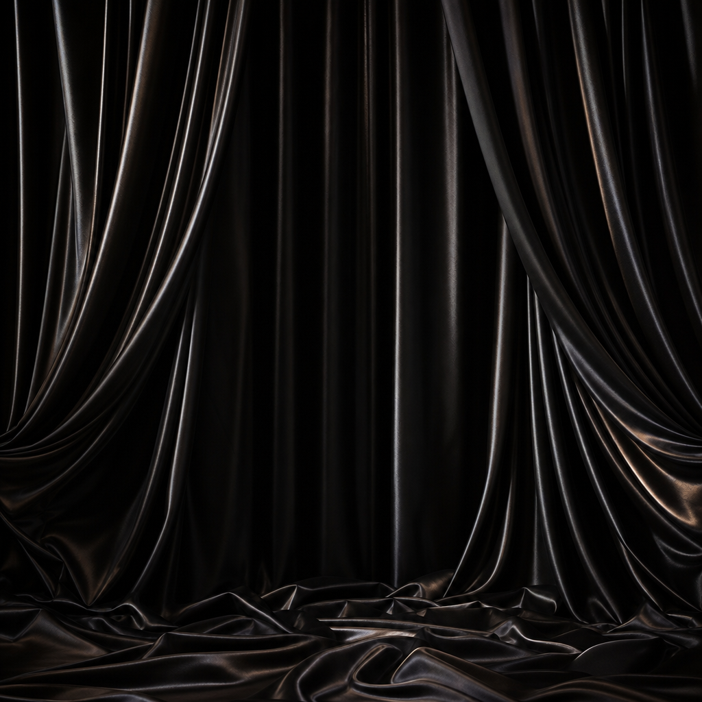 Black satin drape with glossy highlights and deep folds