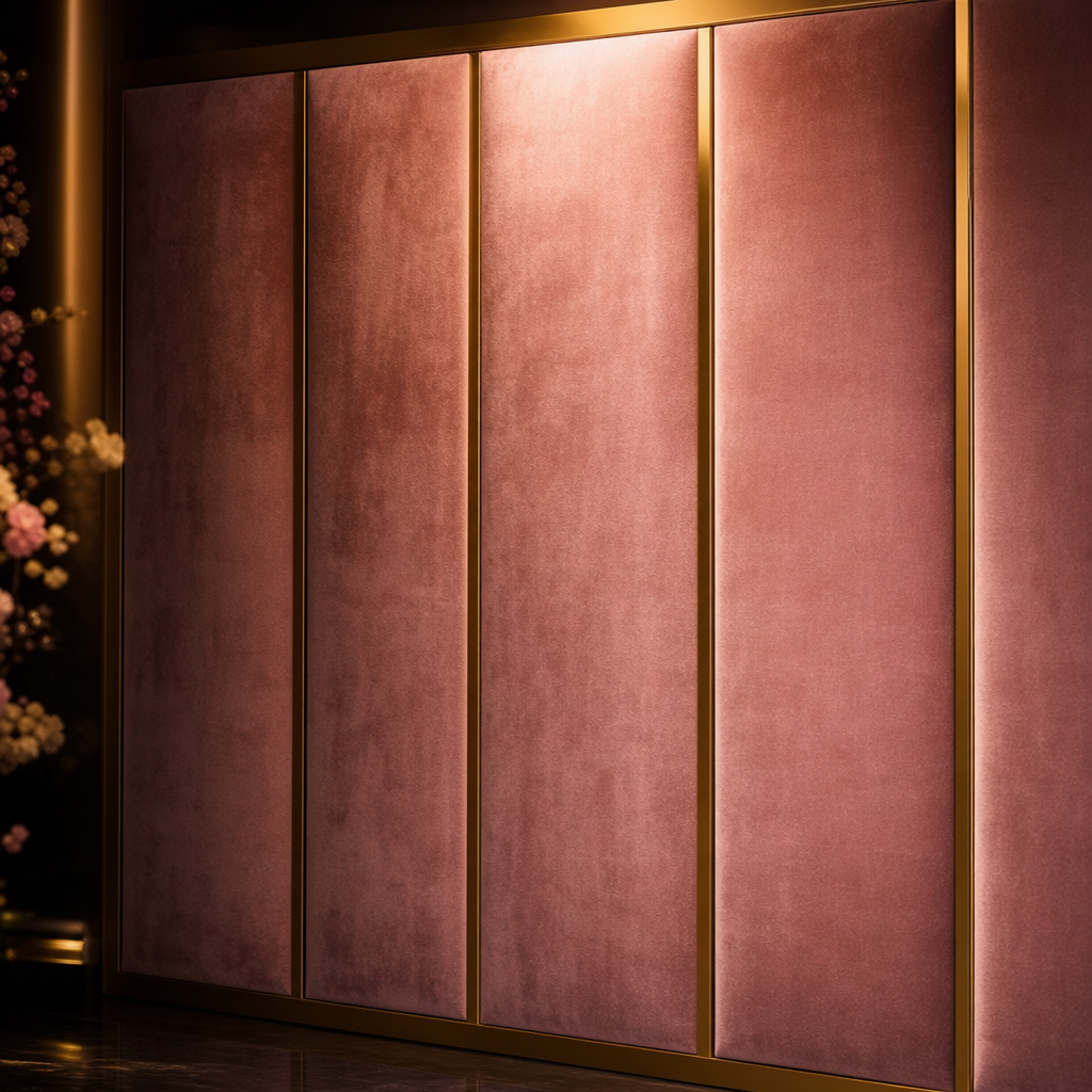 Blush velvet paneling with gold trim and soft highlight