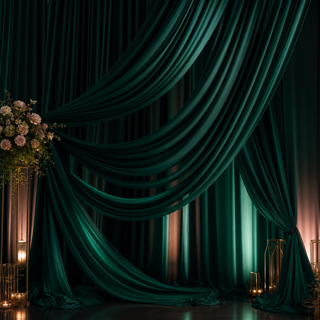Emerald chiffon draping with layered folds and soft uplighting