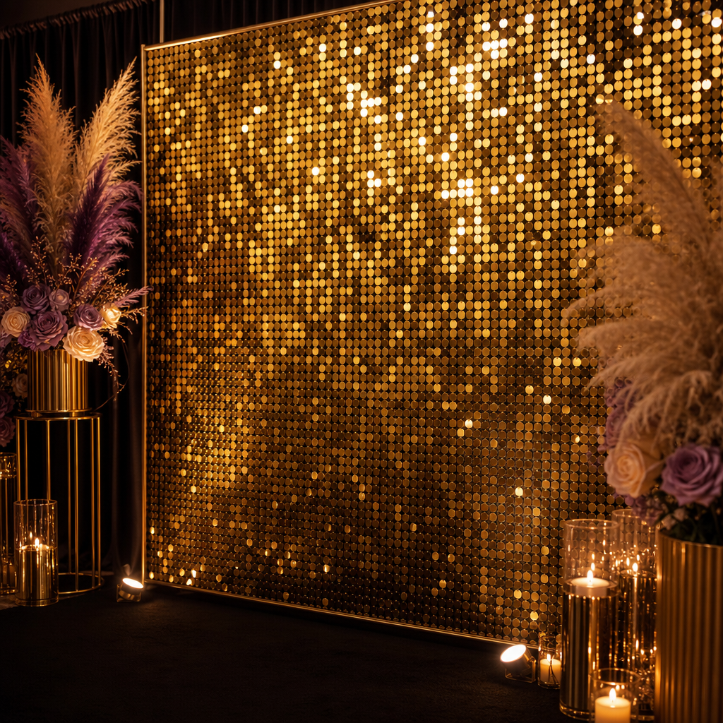 Gold sequin wall shimmering under warm ambient light