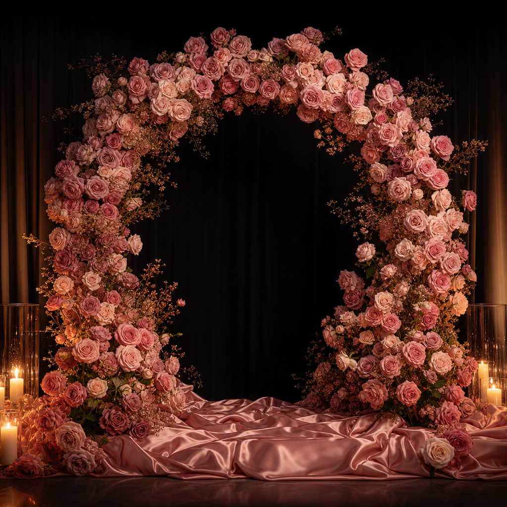 Blush rose arch with soft candle glow and satin base