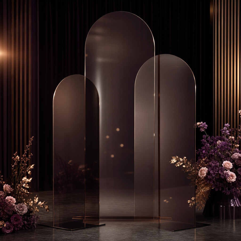 Smoked glass panels with reflective glow and soft shadows