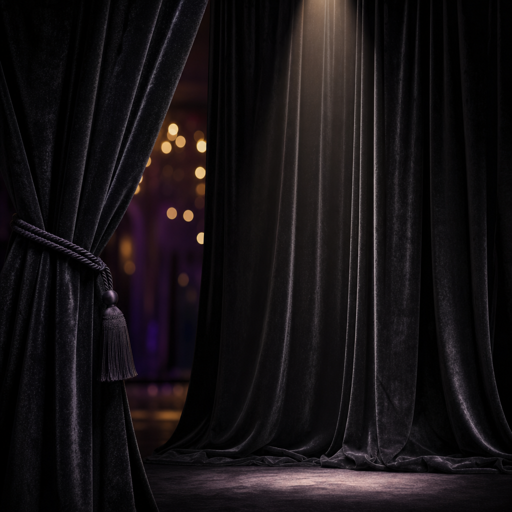 Midnight velvet drapes with soft spotlight glow