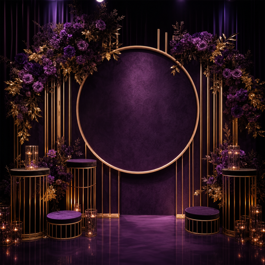 Violet ornate backdrop with metallic accents and soft glow