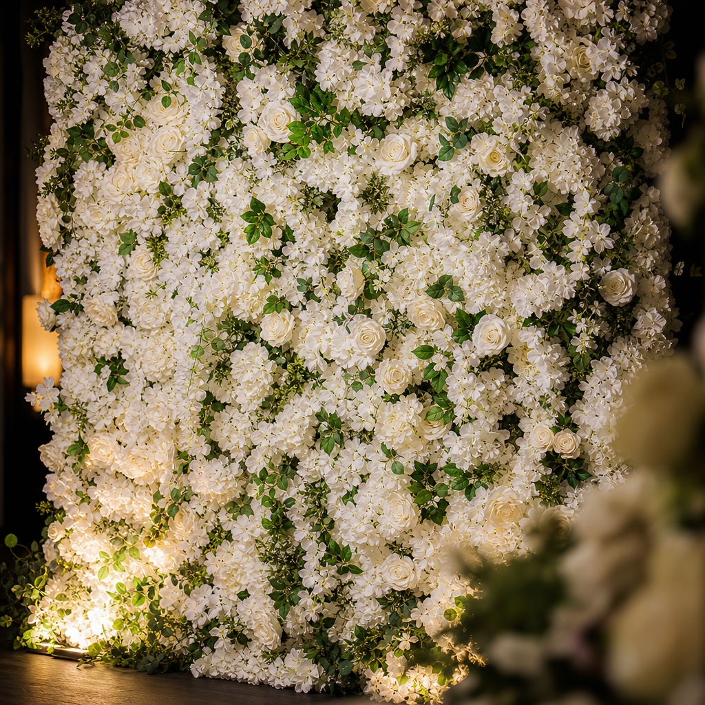 White floral wall with delicate greenery and soft bokeh