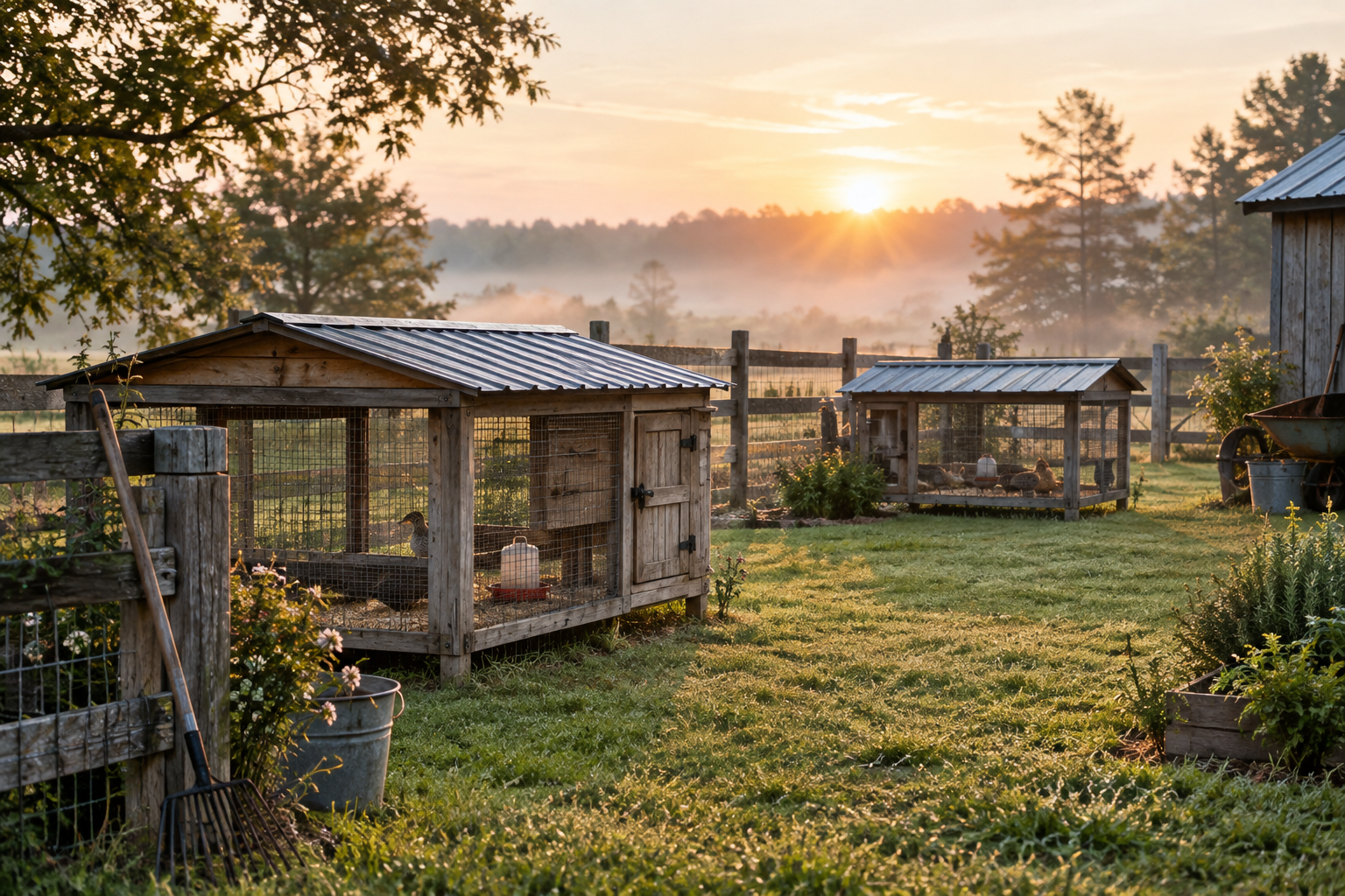 Sunrise view of a tidy northeastern North Carolina homestead yard with quail coops, weathered wood fencing, and calm natural light across the grass