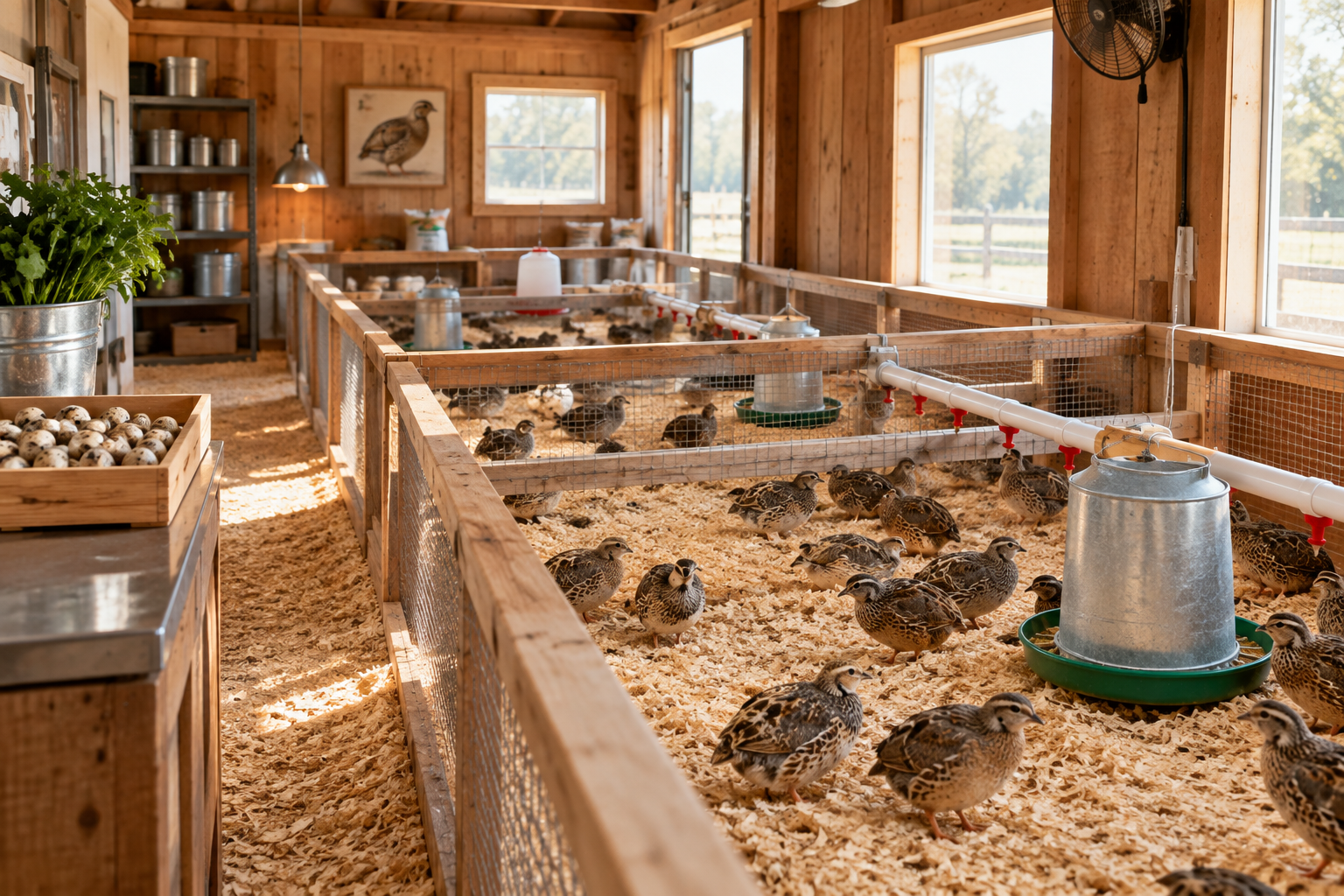 Clean cage-free quail raising area with natural morning light, tidy bedding, feeders, and attentive farm setup