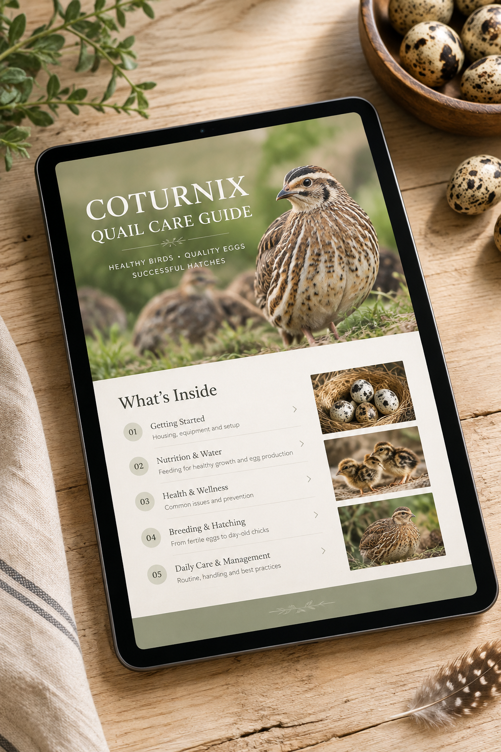 Digital Coturnix quail care guide displayed on a modern tablet mockup with clean editorial layout