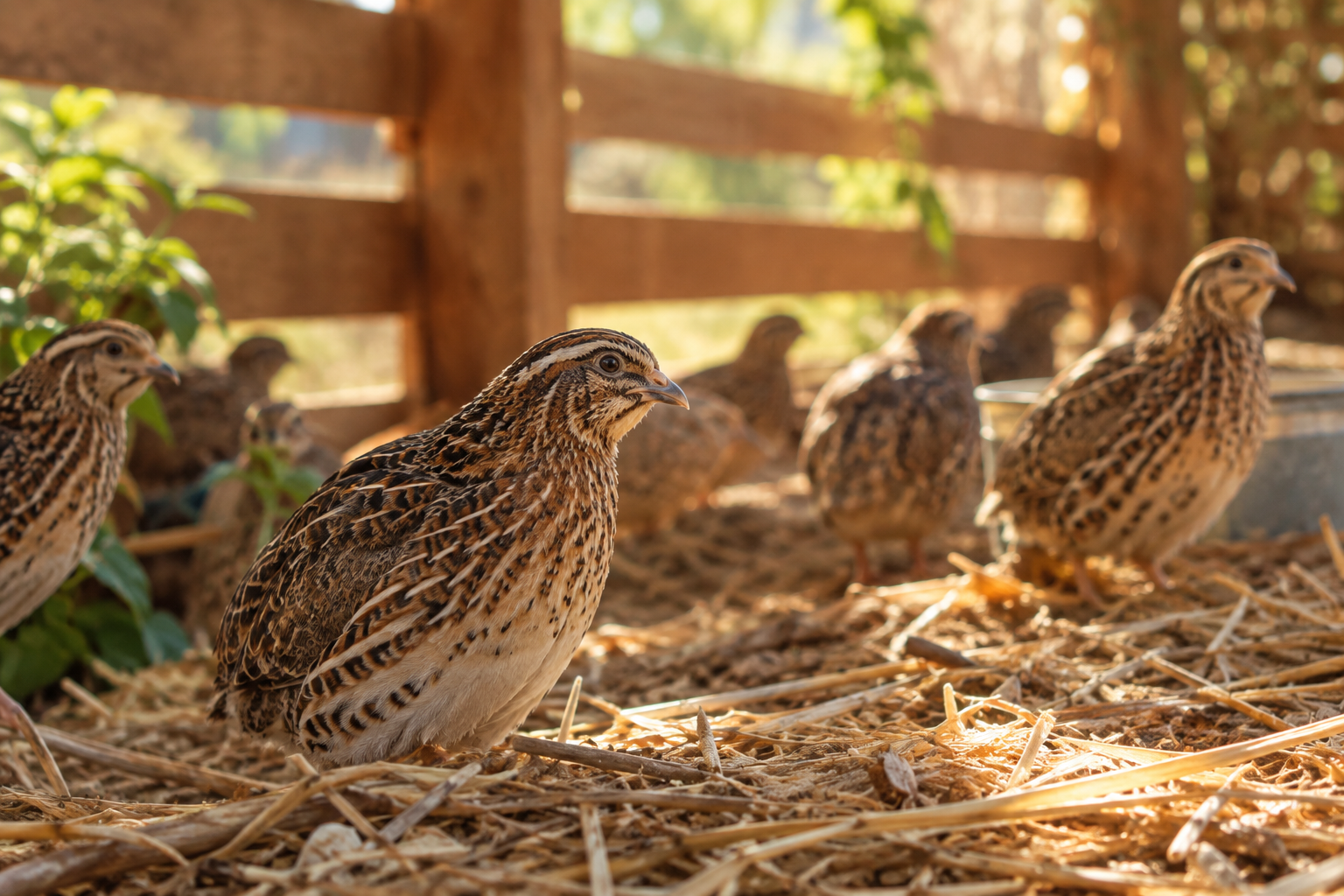 Calm, well-lit homestead quail scene with warm natural light, clean bedding, and refined documentary farm atmosphere