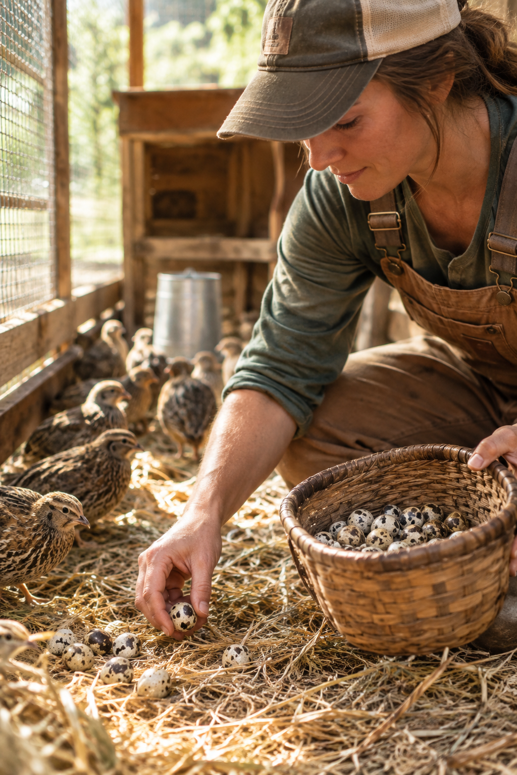 Homesteader gently gathering fresh quail eggs in a clean cage-free raising area