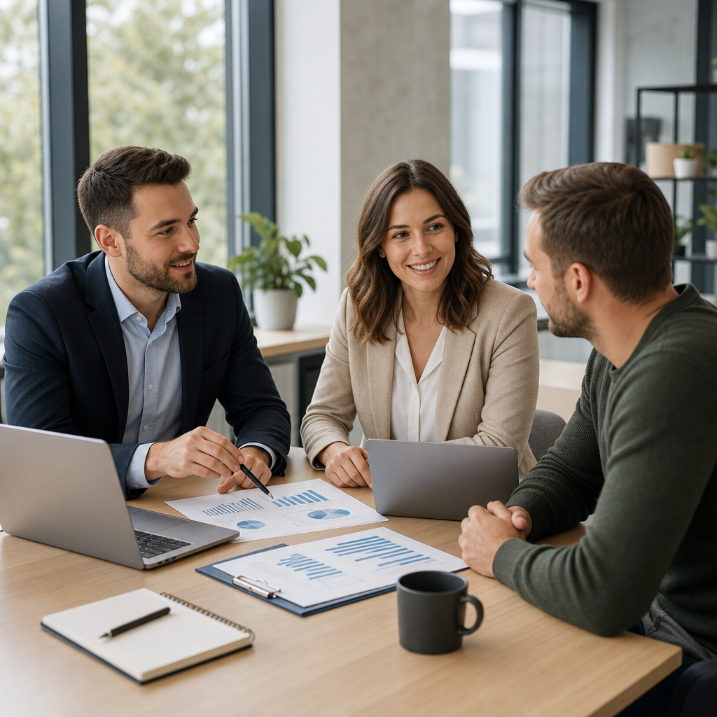 Stanley Stone Marketing advisors reviewing growth strategy with a small business owner in a modern office