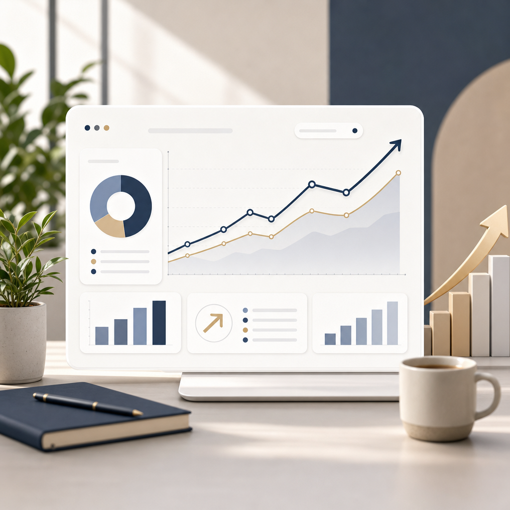 Abstract business growth illustration with rising chart lines, modern office elements, and clean neutral tones