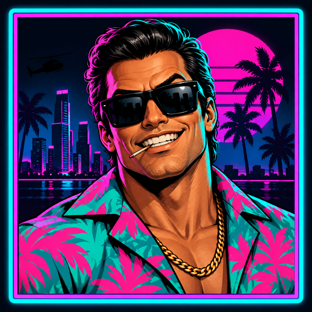 Meme-avatar placeholder of a chaotic nightlife antihero in a loud tropical shirt and chunky sunglasses