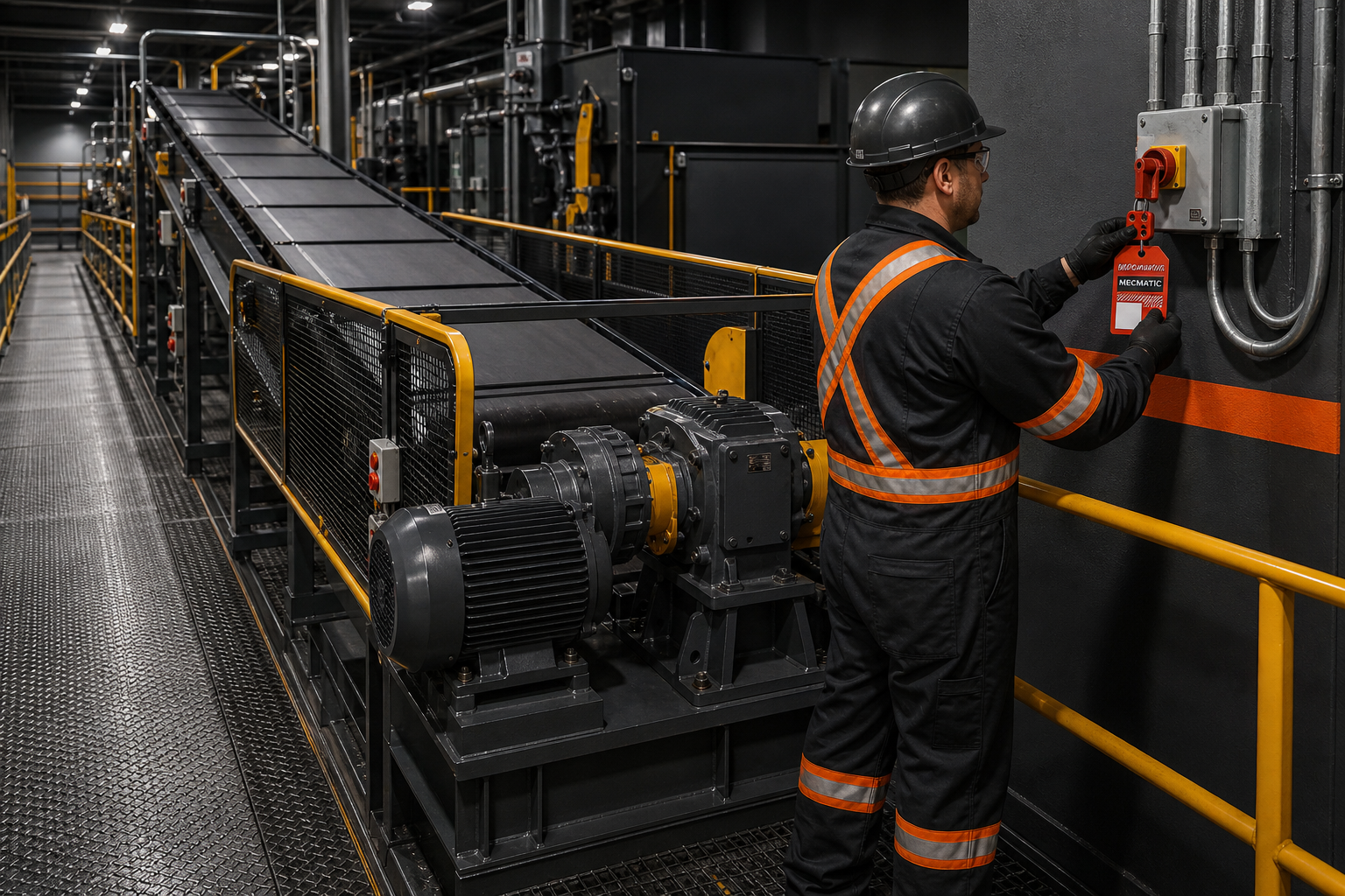 Wide industrial aisle with a belt conveyor drive guarded and locked out; technician on a safe walkway applies a red MECMATIC lockout tag to the disconnect while the motor and gearbox sit on a rigid base with proper clearance