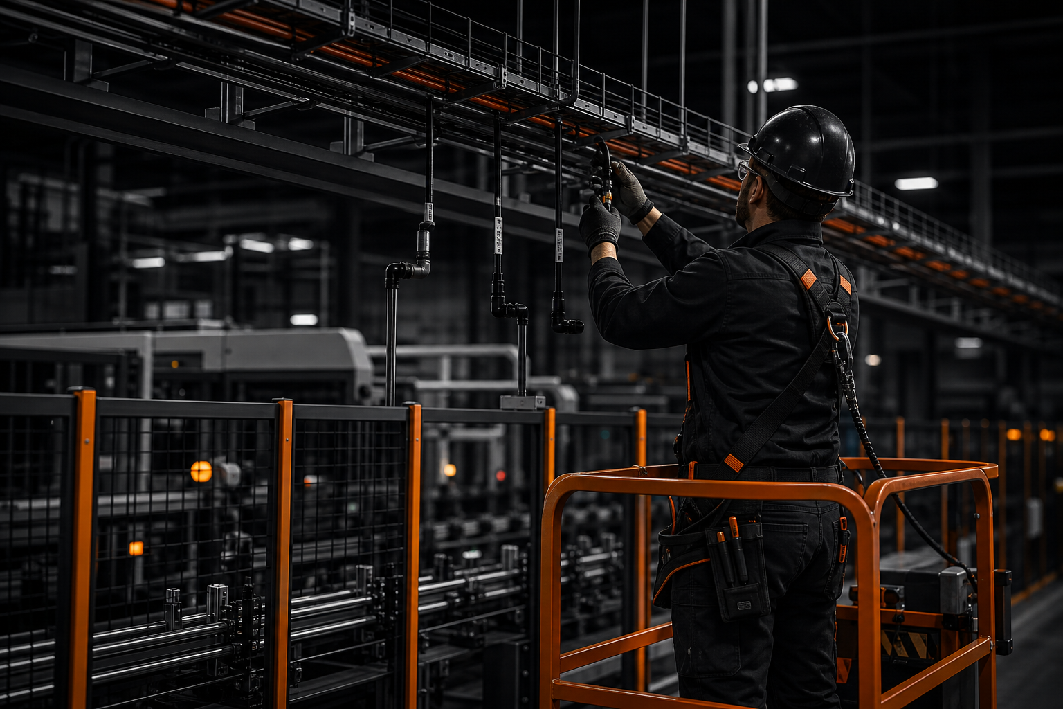 Electrical cable tray and conduit run above production line; electrician secures sensor cable drops and verifies labeling on a lift with proper clearances