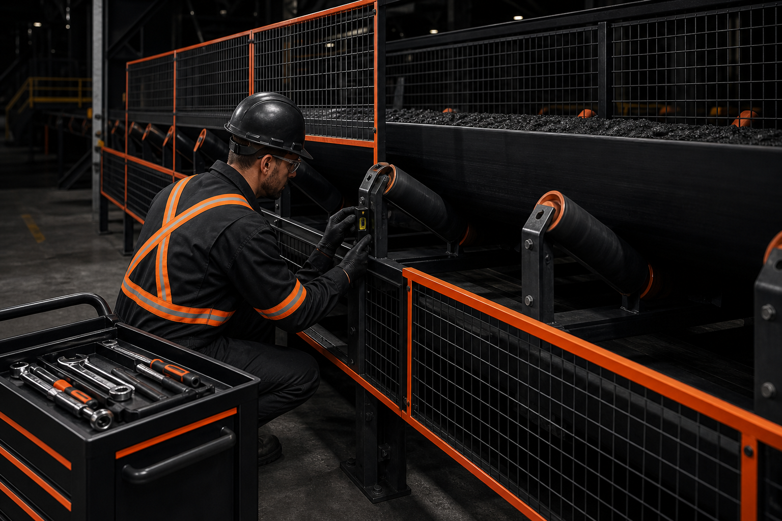 Guarded belt conveyor transfer with skirt boards; technician verifies roller alignment and tracking from a safe side position with tools on a cart