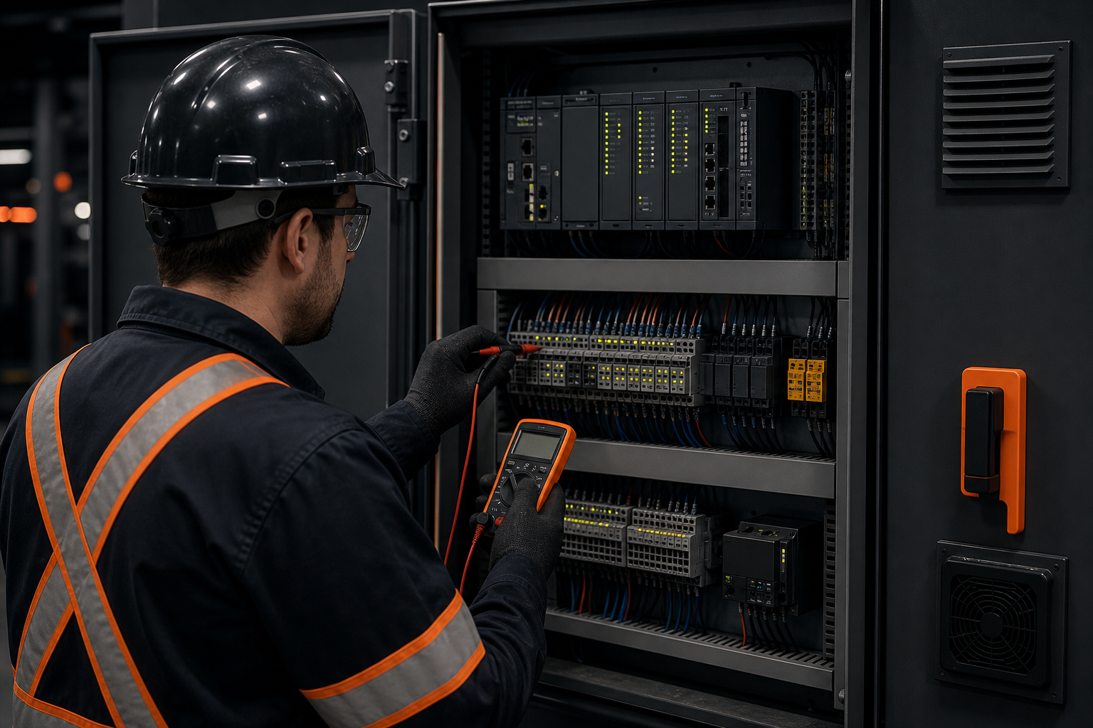 PLC control panel troubleshooting; technician in PPE checks terminal blocks and I/O status lights with a meter, standing squarely in front of the open cabinet