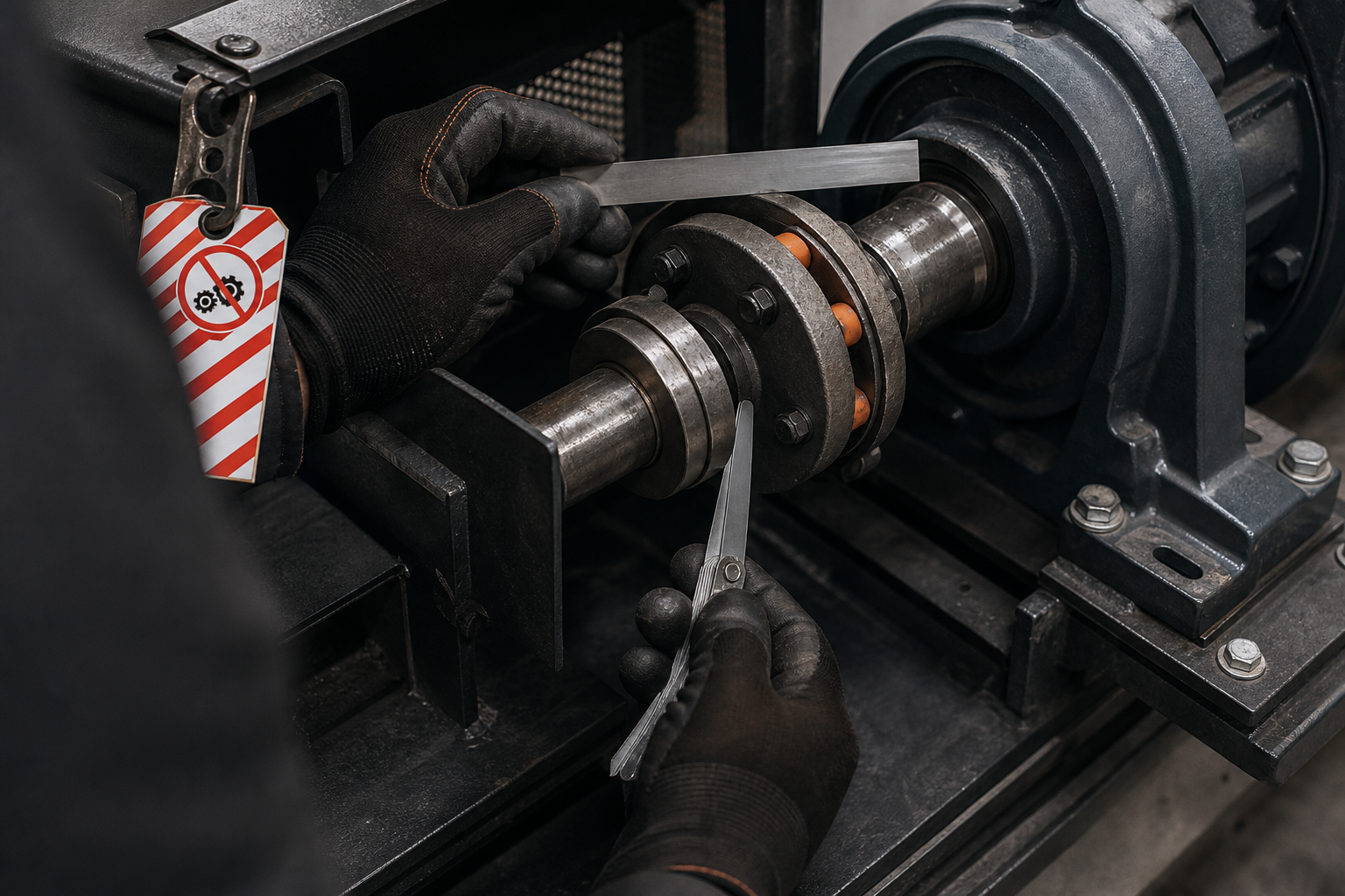 Close-up of coupling inspection on a conveyor drive; mechanic uses a straightedge and feeler gauges with the guard removed and tagged out