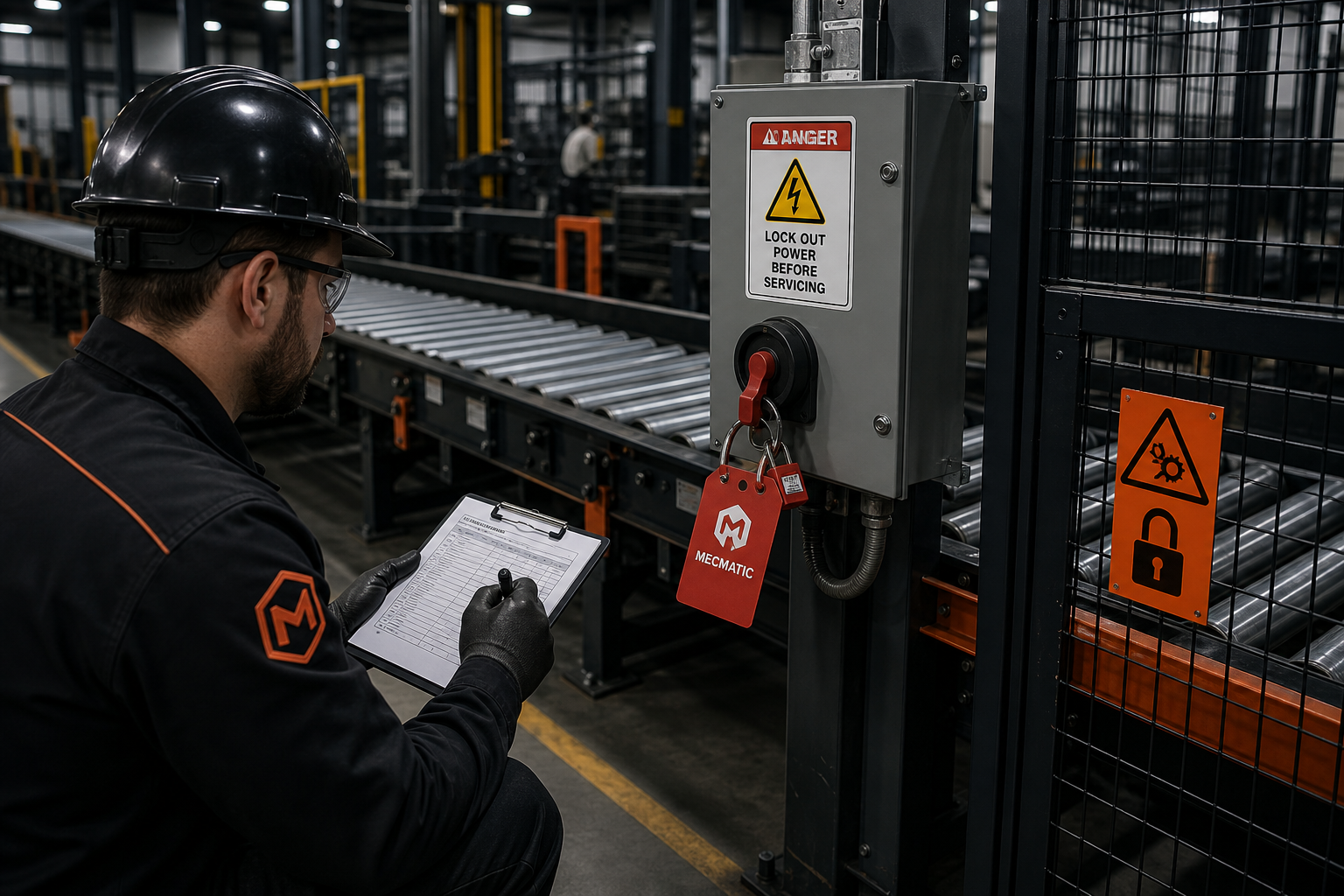 Clean wide view of a roller conveyor line with safety signage; technician documents lockout verification at a red MECMATIC tag on the disconnect