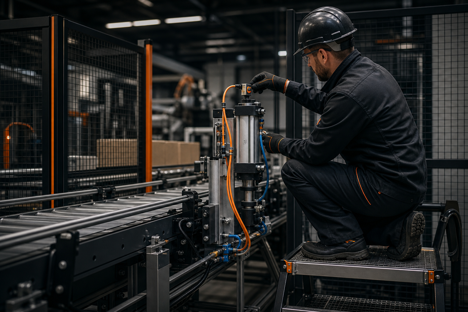 Pneumatic actuator adjustment on a packaging conveyor; technician checks end-of-stroke sensor alignment and air line routing from a stable step platform
