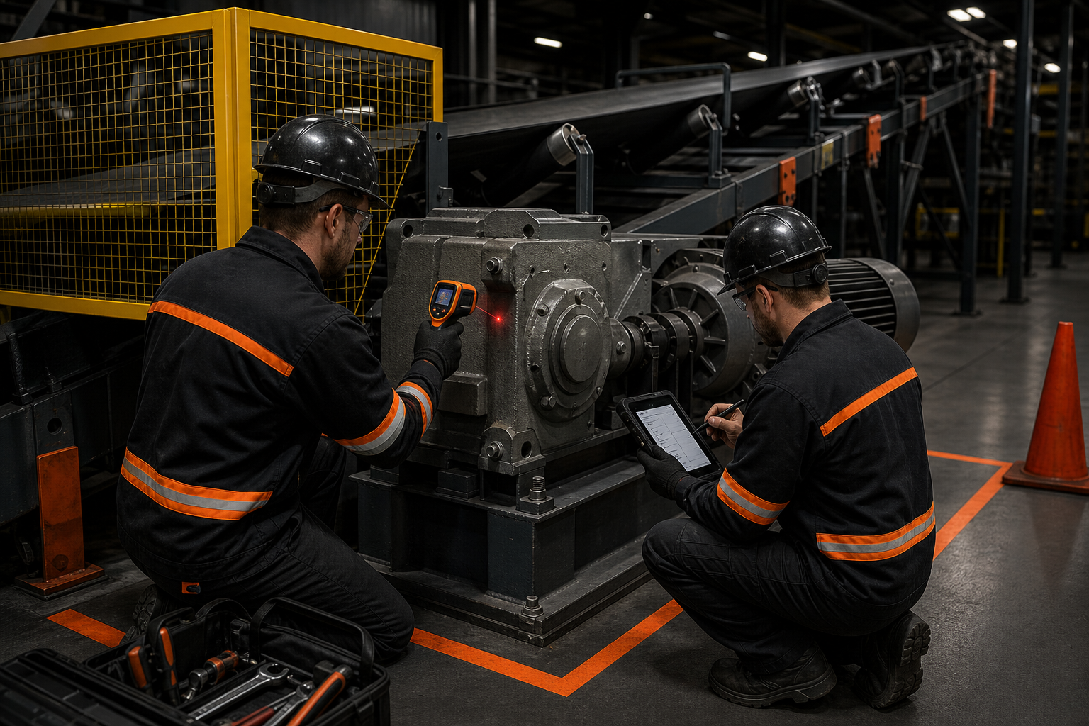 Service technicians inspect a large gear reducer on a conveyor with intact guards nearby; one reads temperature with an infrared tool while the other records data
