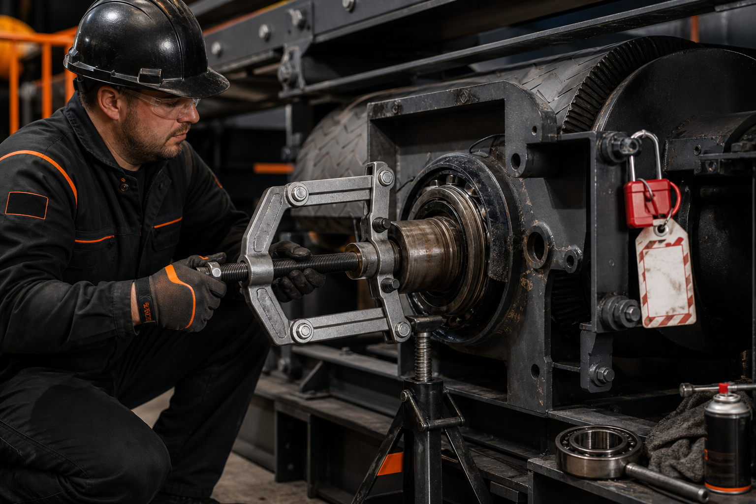 Bearing replacement on a conveyor head pulley; mechanic uses a puller with the shaft supported and guard removed under lockout