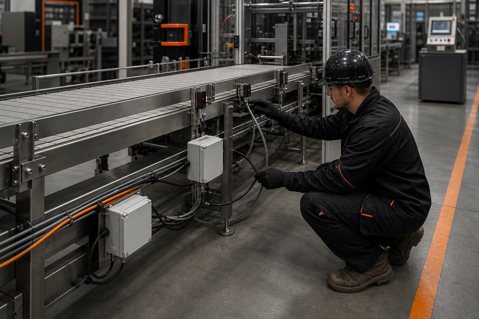 Medium view of a stainless packaging conveyor with clear floor space; technician verifies photoeye alignment and cable routing with labeled junction boxes