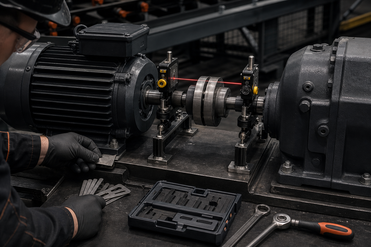 Close-up of laser shaft alignment on a conveyor drive with alignment heads mounted on motor and gearbox couplings; mechanic adjusts shims with tools on a stable platform