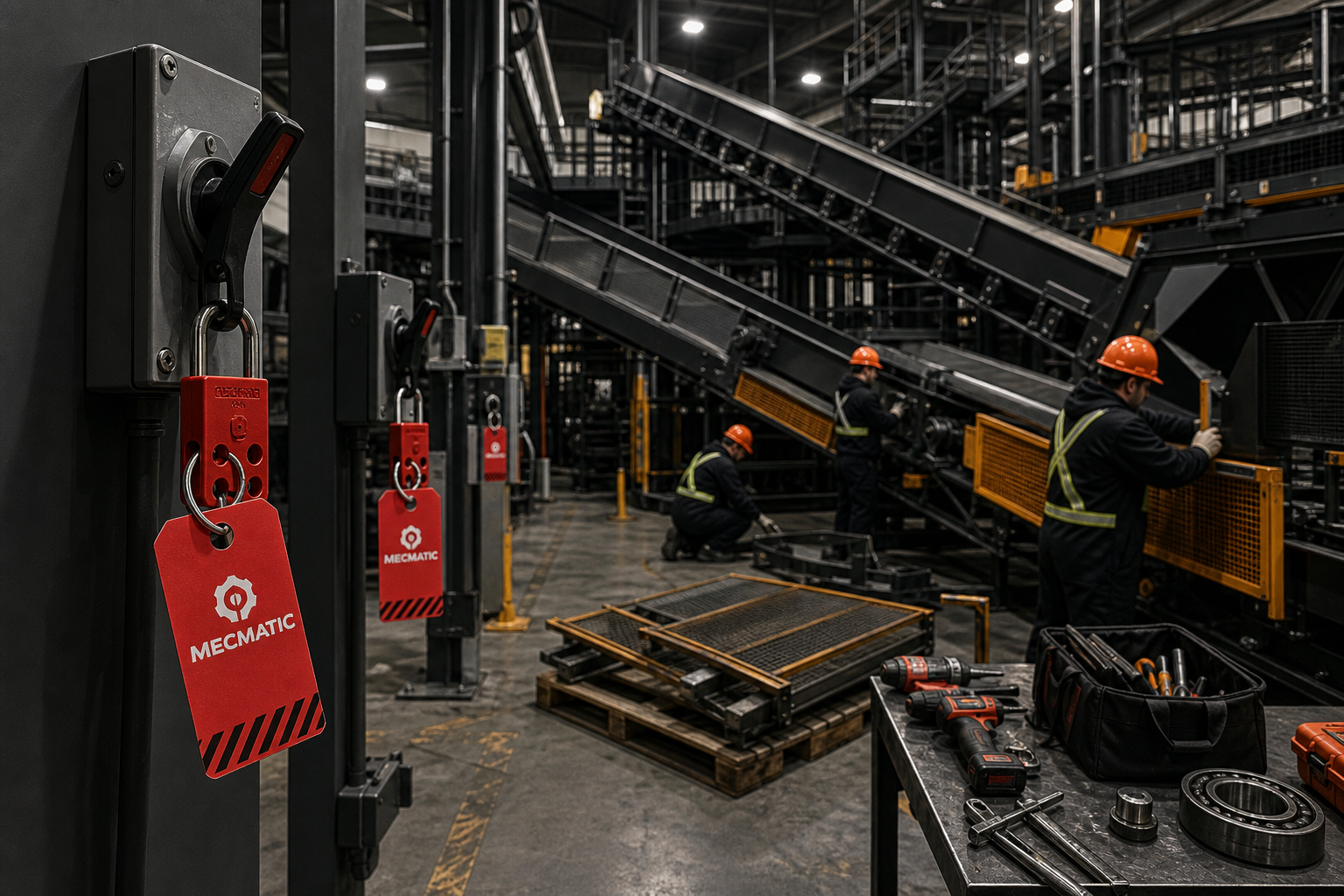 Plant shutdown maintenance bay with multiple conveyors locked out; red MECMATIC tags on disconnects while crews stage tools and guards for reassembly