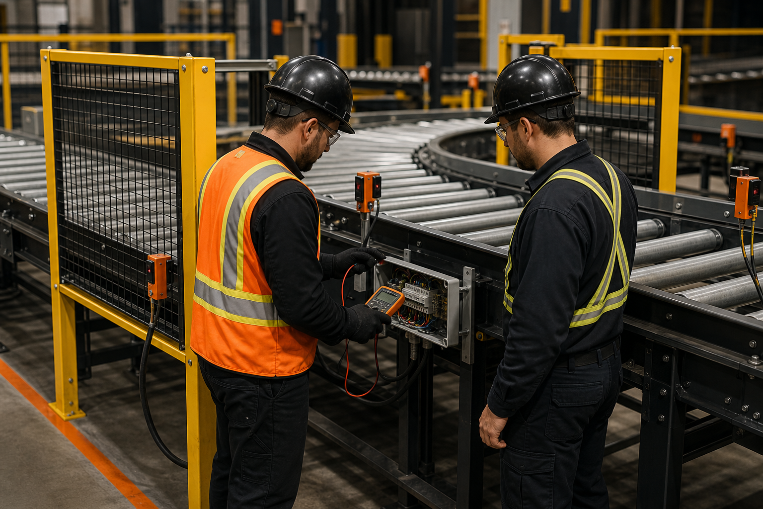 Roller conveyor transfer point with intact guards and photoelectric sensors; two technicians in PPE verify sensor I/O at a nearby junction box from a clear standing position
