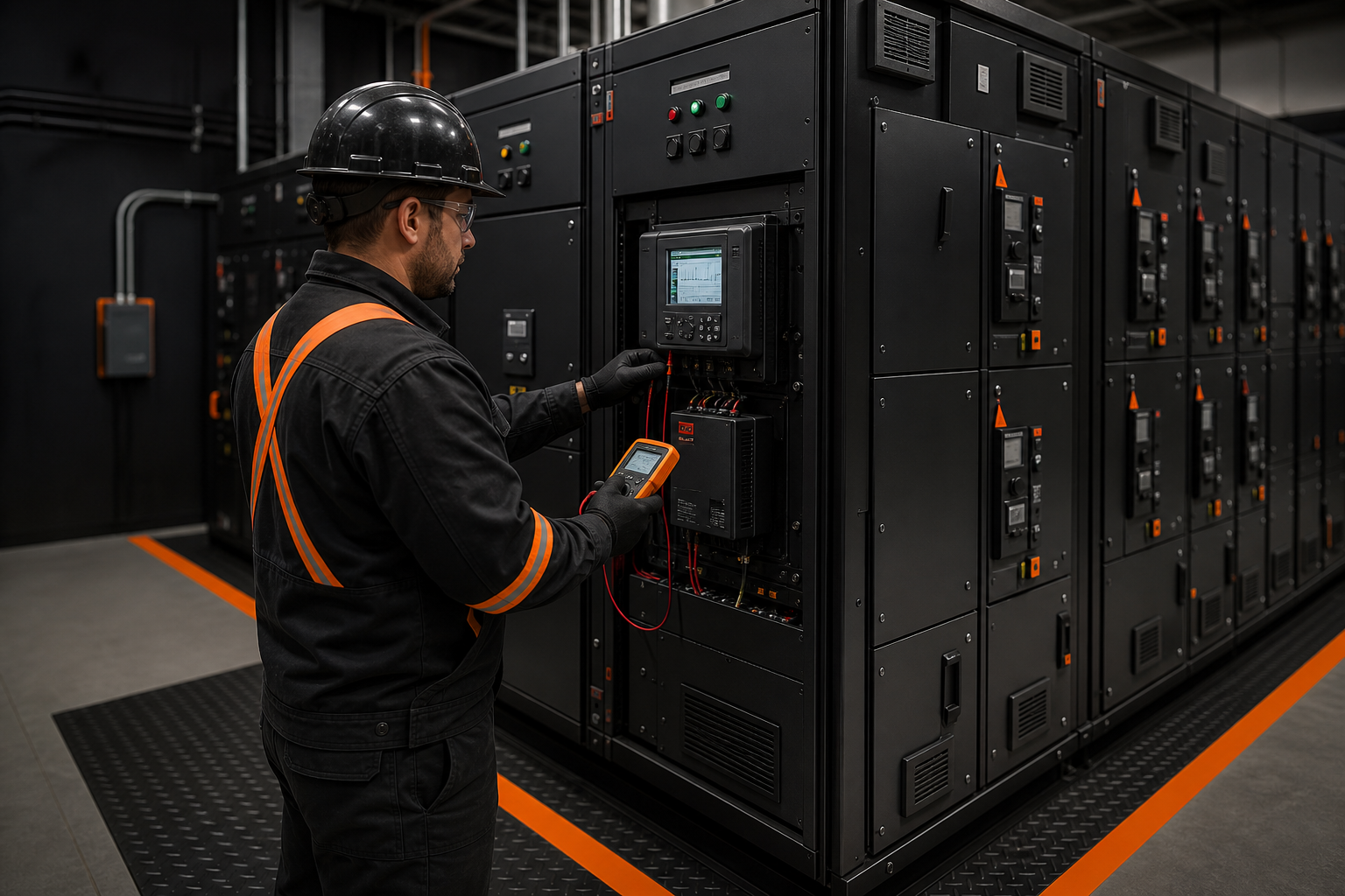 MCC lineup in a clean industrial electrical room; technician in PPE checks a VFD status screen and uses a meter from a safe stance with clear access