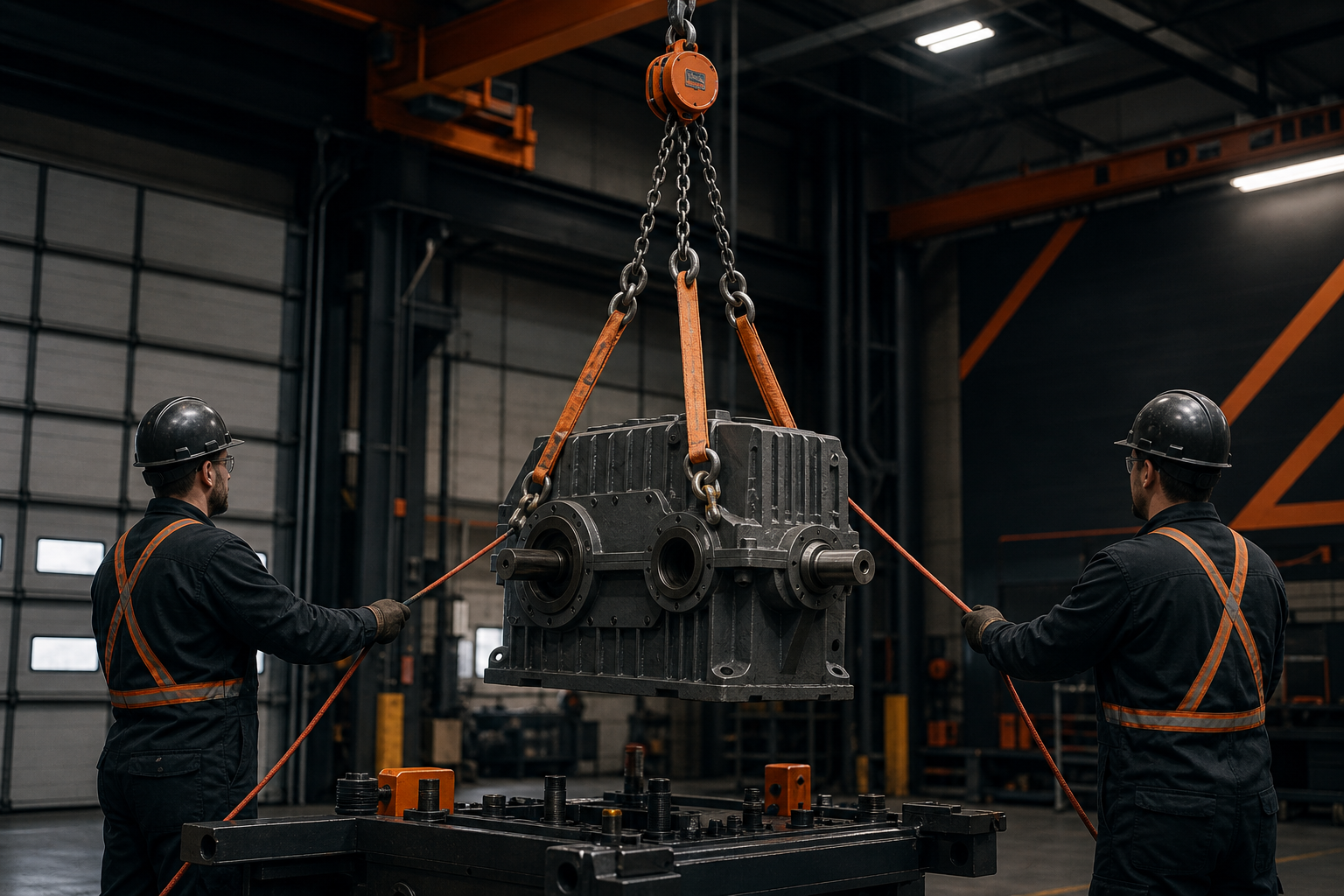 Rigging scene lifting a gearbox with a chain hoist, rated sling, and shackles; two technicians guide the load with tag lines in a spacious bay with clear overhead