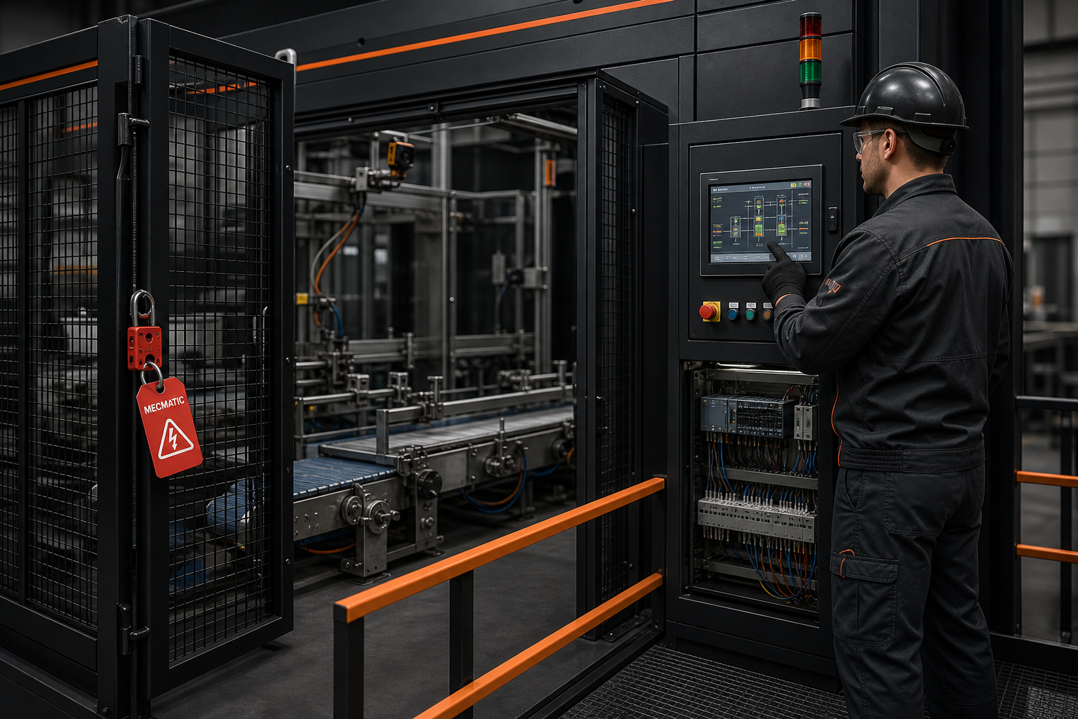 Packaging conveyor with guard doors open under lockout; electrician at the HMI and control cabinet verifies safety interlock status while standing on a clean platform