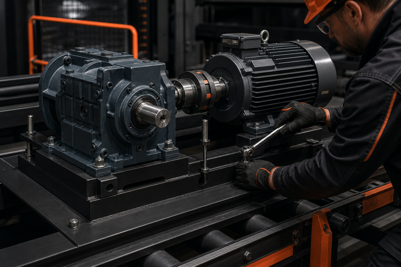 Medium shot of a motor and gearbox installation on a conveyor base with alignment dowels and proper clearance; technician torques mounting bolts and checks coupling spacing