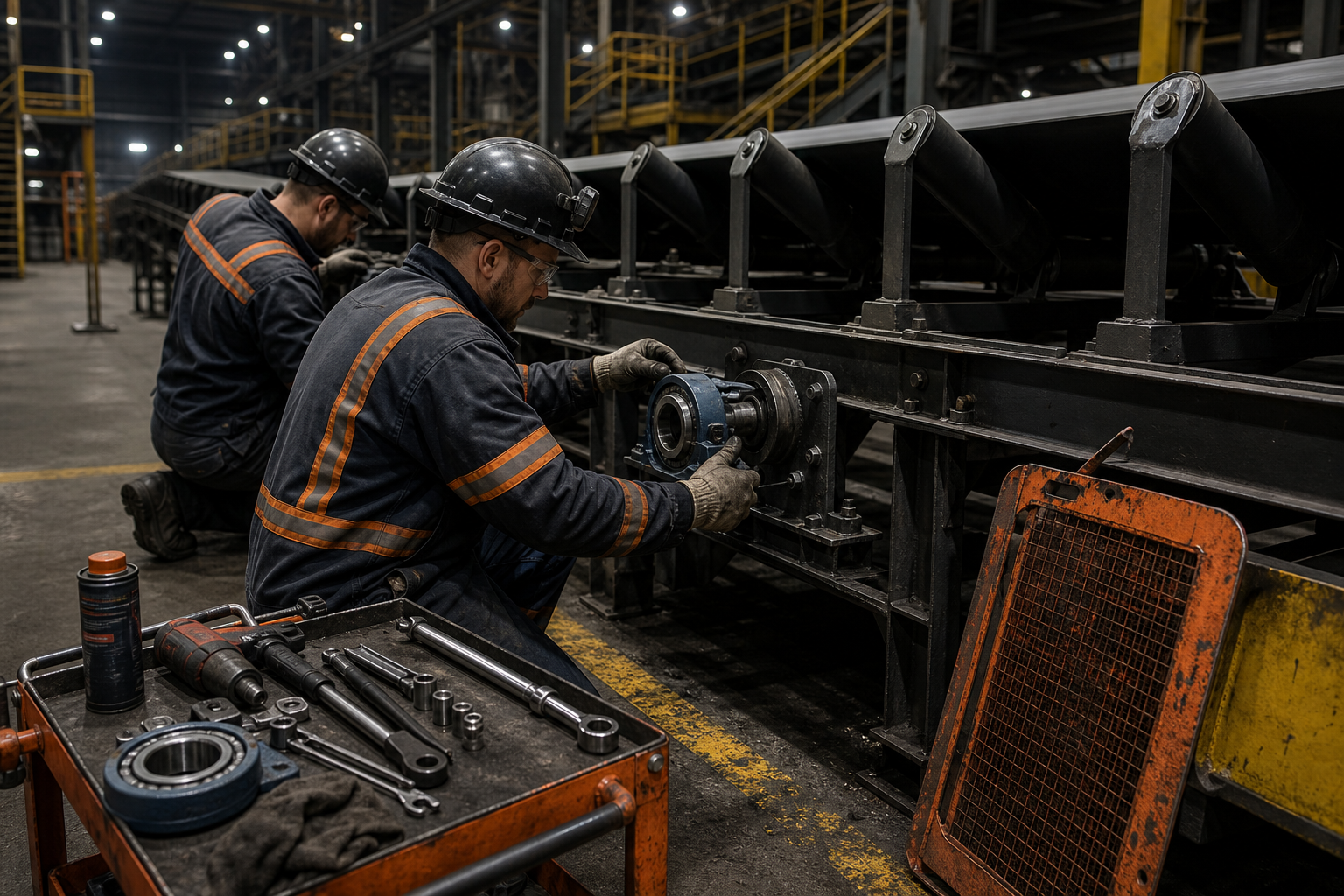 Conveyor maintenance during plant shutdown; mechanics replace a bearing unit on an idler roller with tools laid out on a cart and guards staged nearby