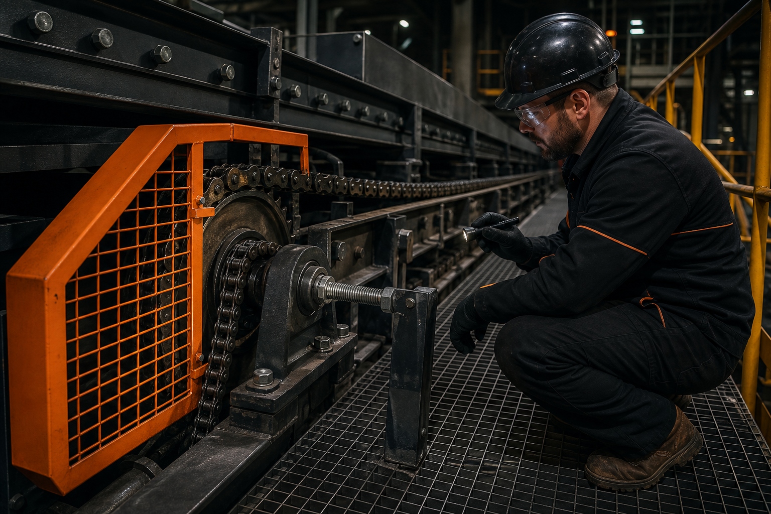 Chain conveyor drive with guarded sprocket and tensioning hardware; technician inspects chain wear and lubrication points from a stable access platform