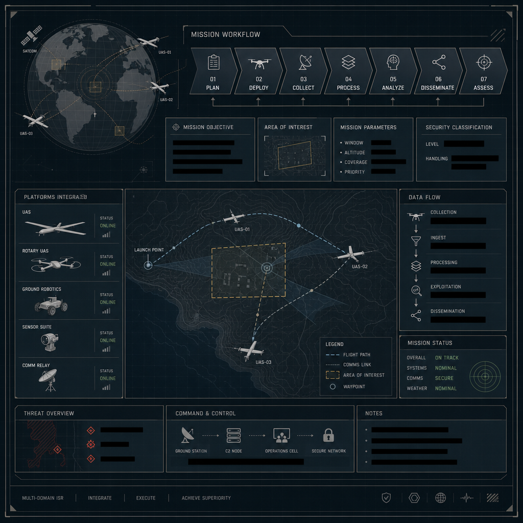 Command-board style mission workflow schematic showing UAS, robotics, and ISR integration checkpoints
