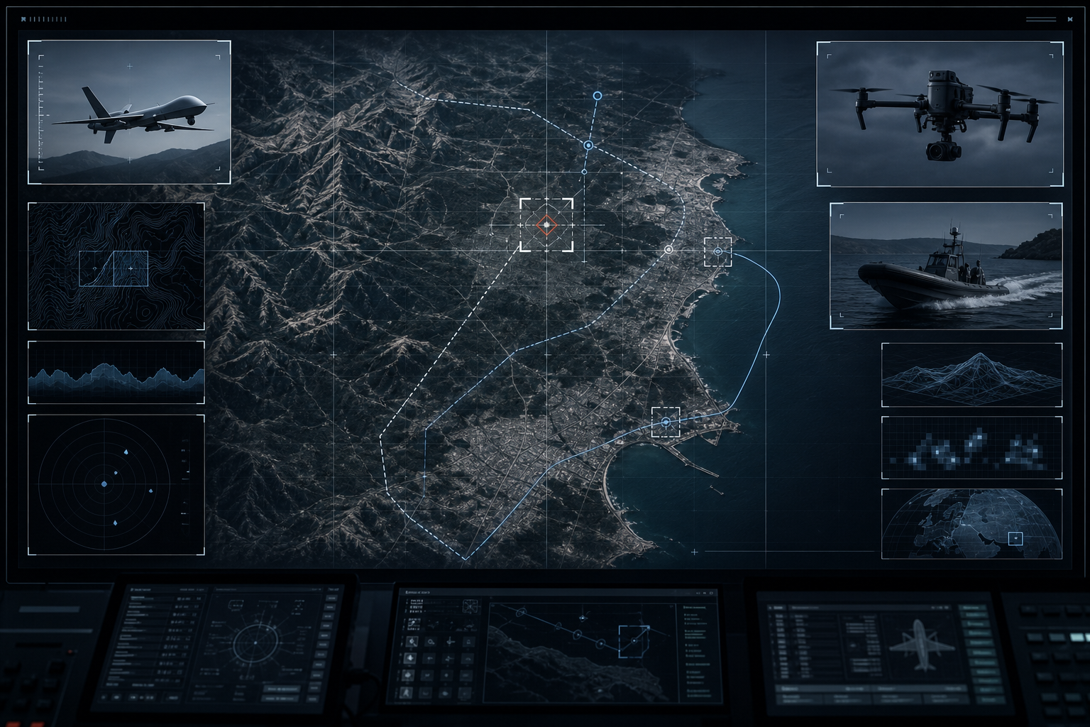 Aerial tactical operations visualization with ISR data overlays, route vectors, and command map framing in a low-light mission control style