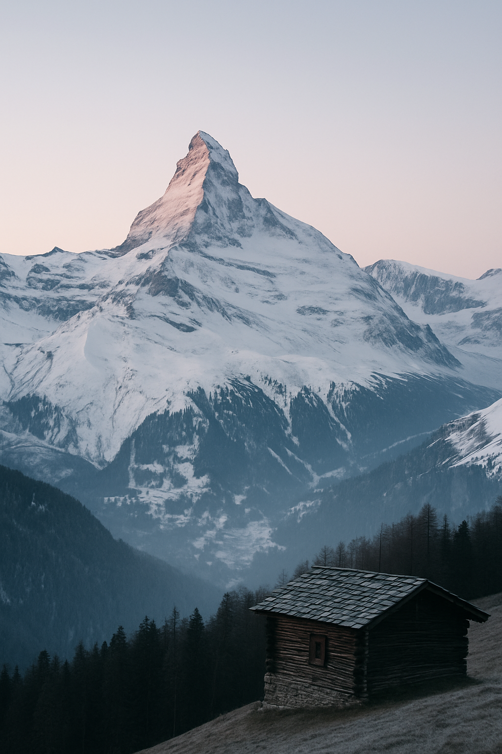 Snow-capped Alpine peaks above a quiet valley with a wooden chalet and pine forest at first light