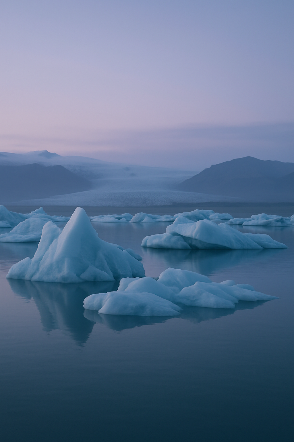 Icebergs drifting on a still glacier lagoon in Iceland under a pale blue dusk sky