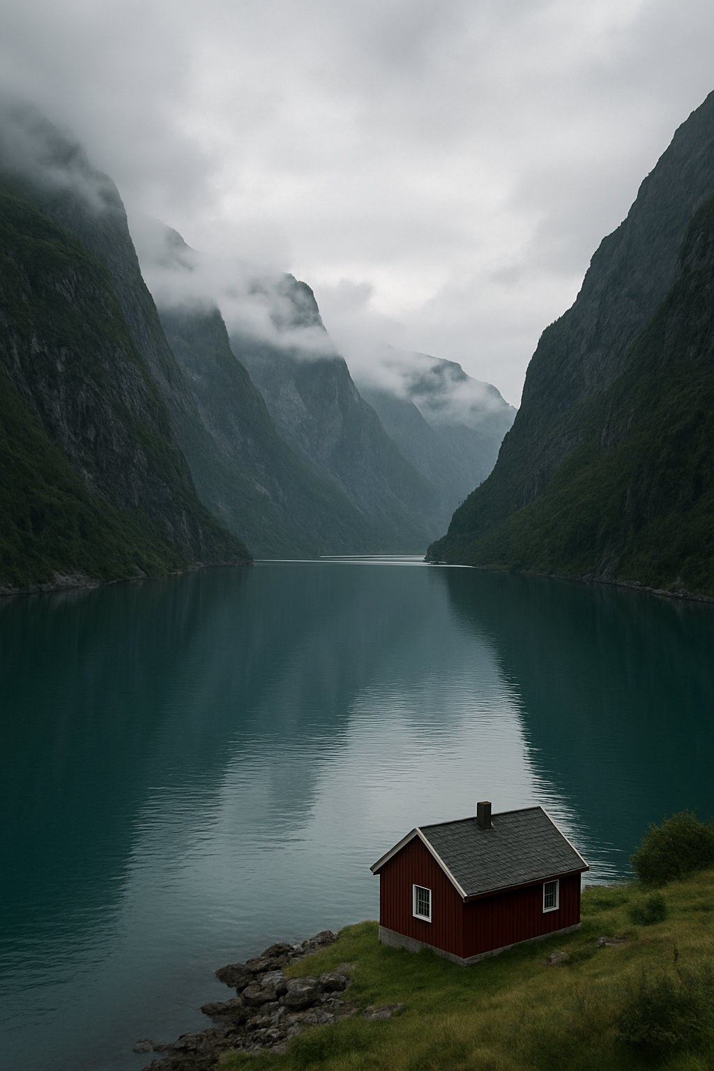 Deep Norwegian fjord with steep green cliffs and a small red cabin by misty still water